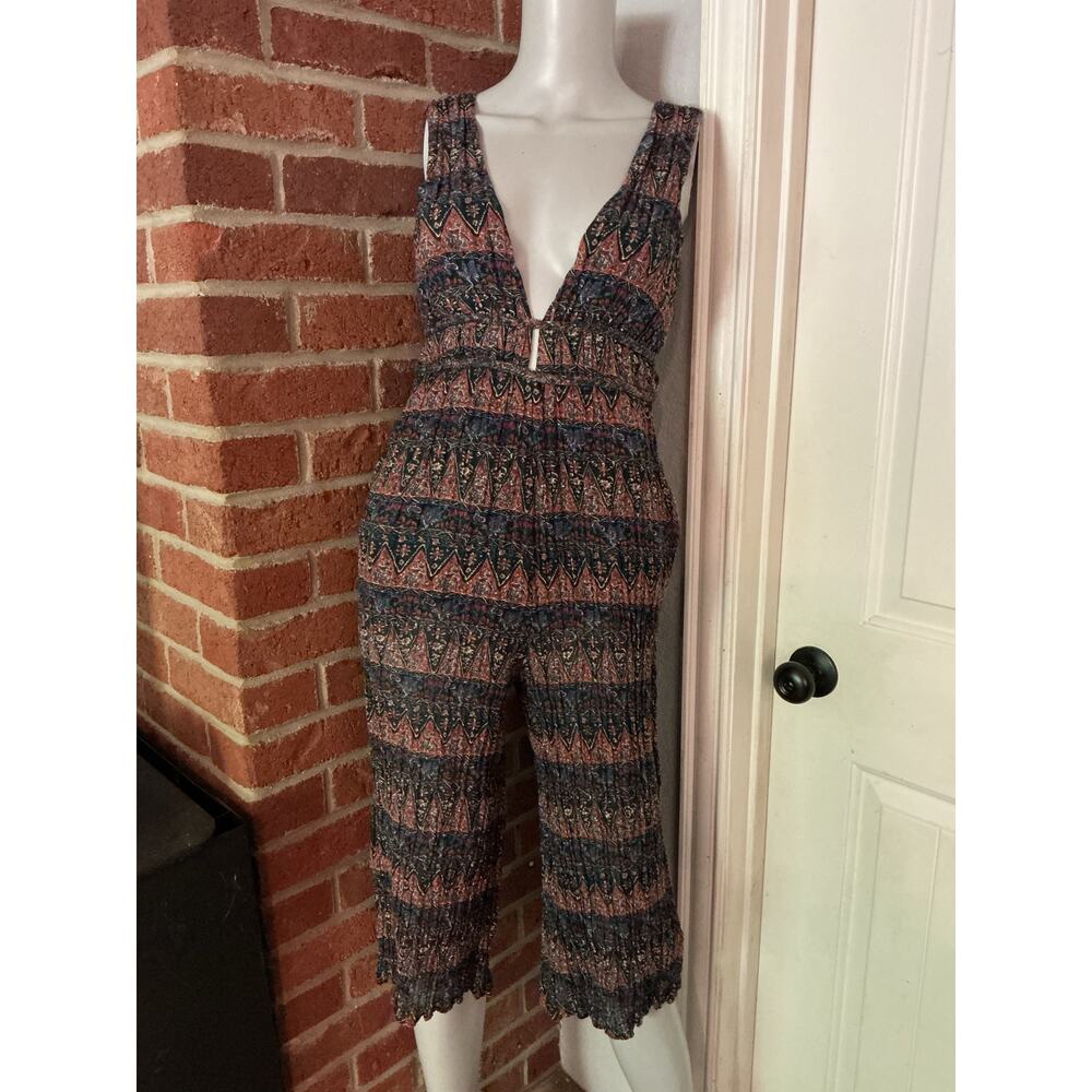 Open Back Smocked Jumpsuit Romper Medium Boho Culotte Capri Earthy Neutral M